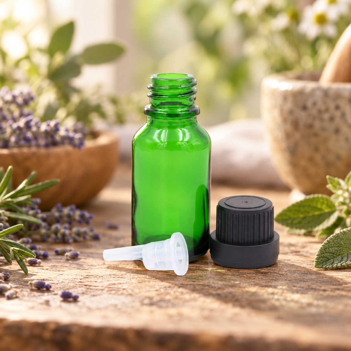 Green Glass Essential Oil Bottle with Dripper Insert & Tamper-Evident Cap (10ml)