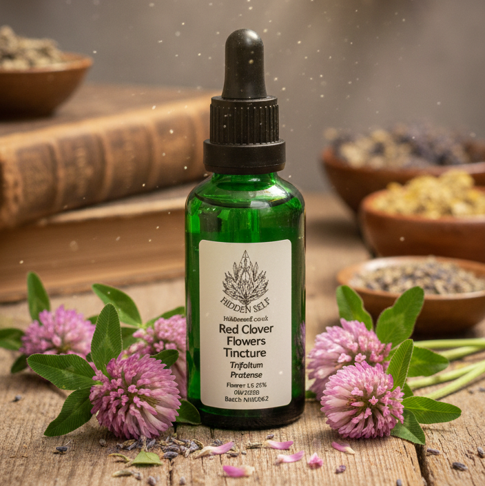 Green bottle with dropper on a wooden surface with flowers and books in the background