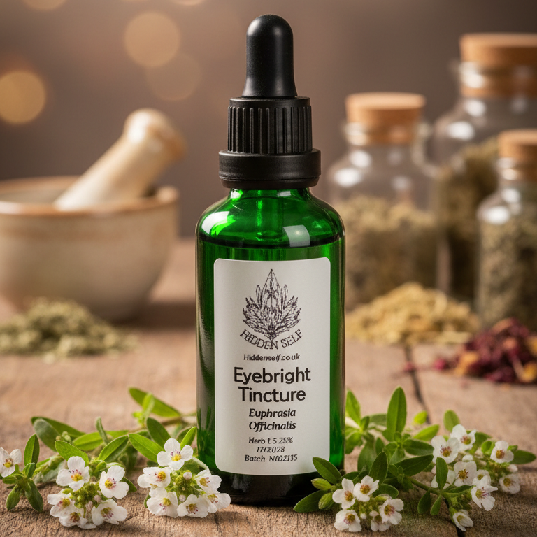 Eyebright tincture bottle with herbs and flowers on a wooden surface