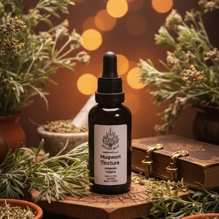 Bottle of 'Mystic Texture' tincture surrounded by herbs on a wooden surface with a warm, blurred background.