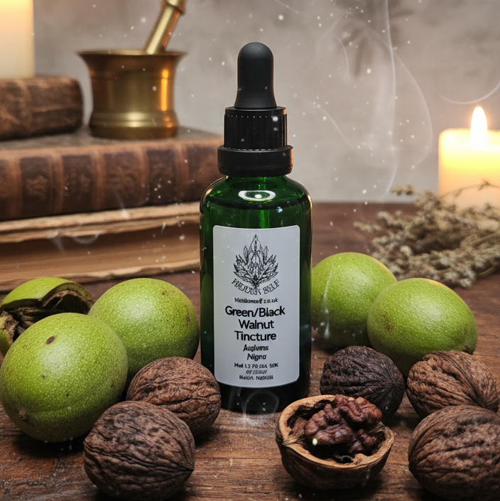 Bottle of German Black Poppy Seed Tincture on a wooden surface with green apples and nuts.