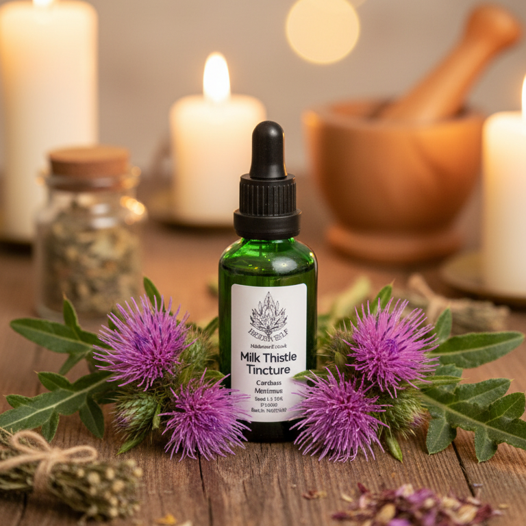Bottle of tincture with milk thistle flowers and leaves on a wooden surface with candles in the background.