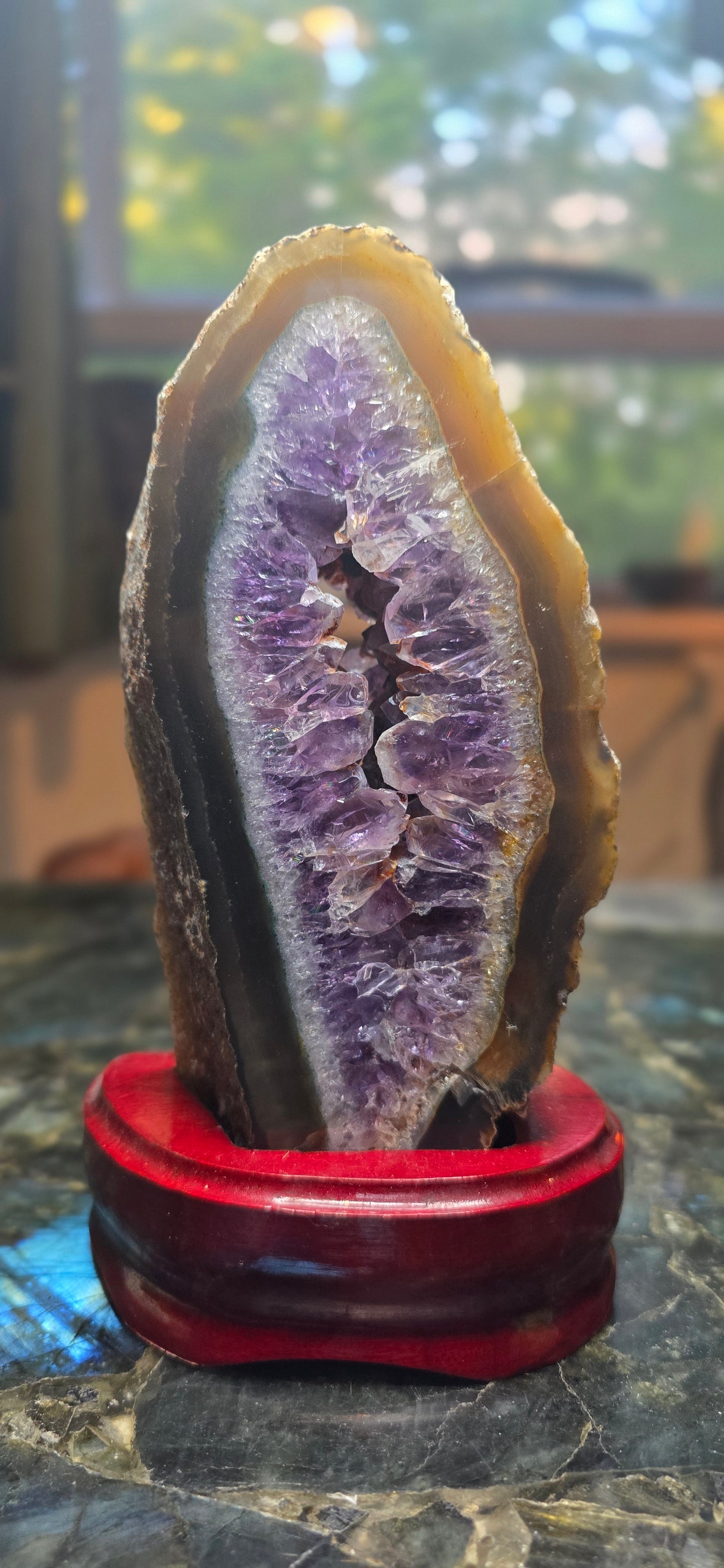Amethyst Geode Slice on Wooden Base
