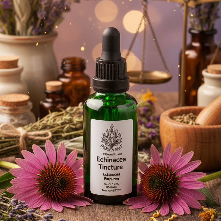 Herbal remedy bottle with flowers and blurred lights in the background