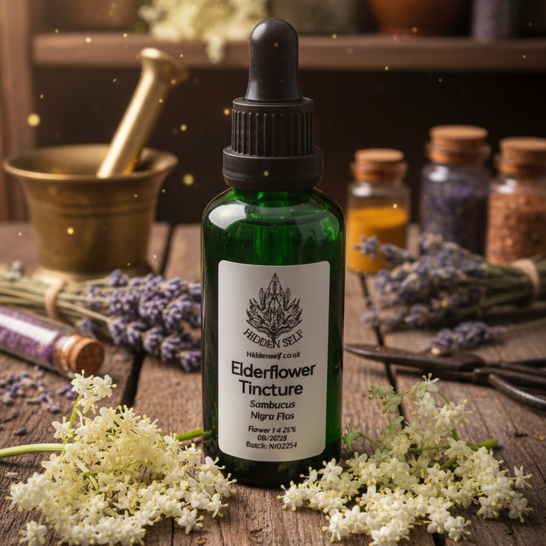 Green bottle of Elderflower Tincture on a wooden surface with herbs and bottles in the background