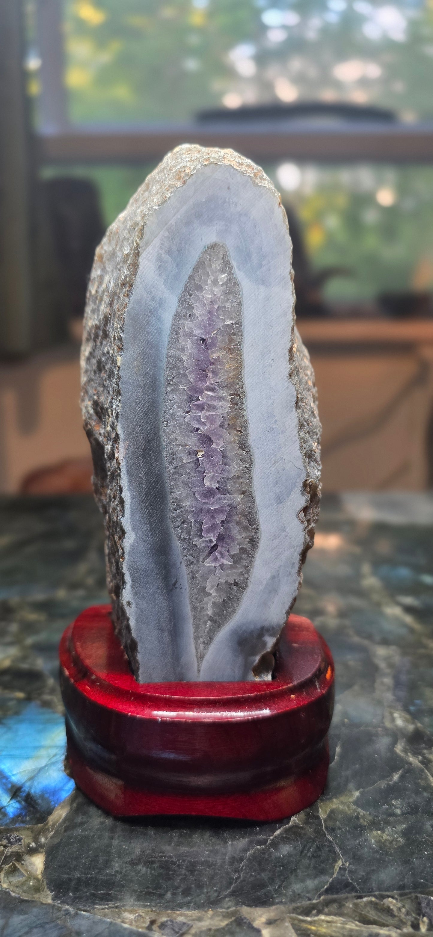 Amethyst Geode Slice on Wooden Base
