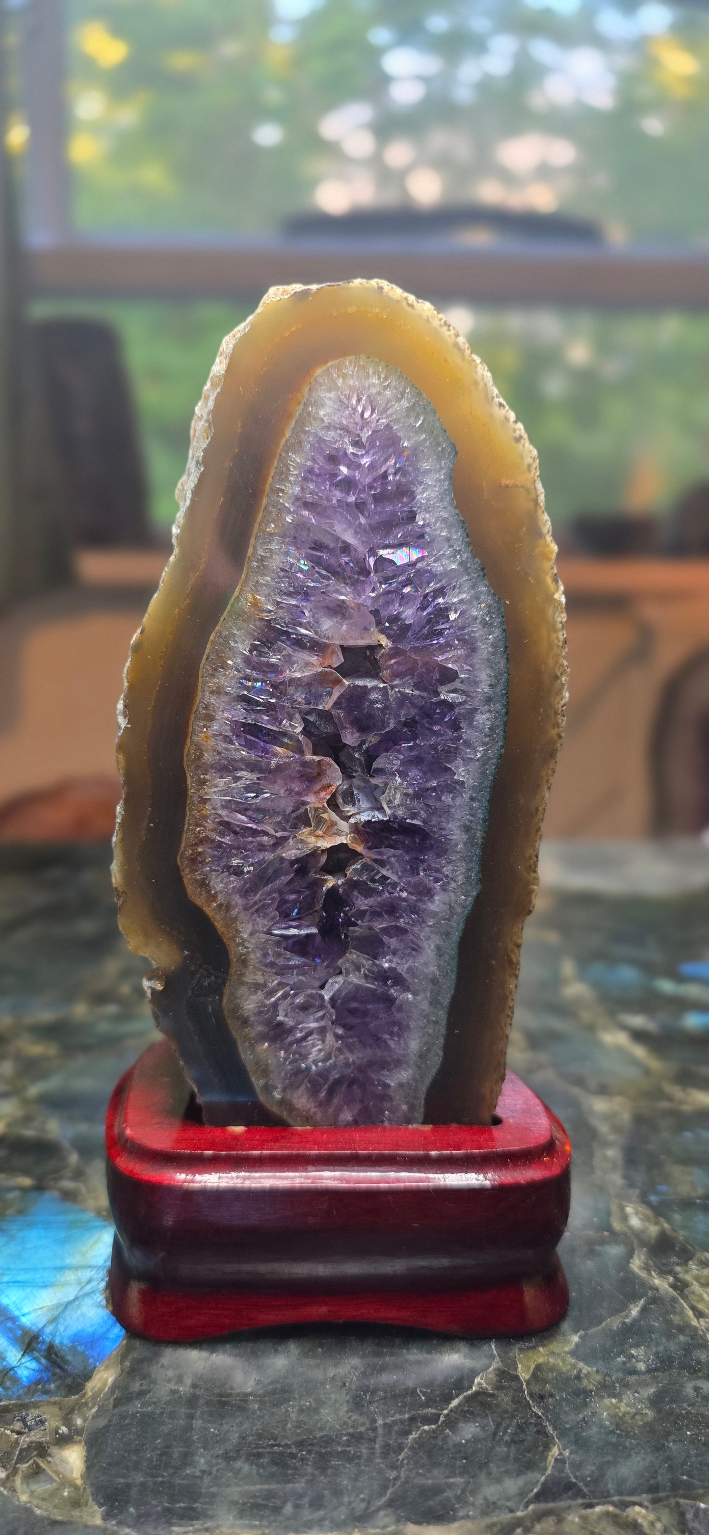 Amethyst Geode Slice on Wooden Base