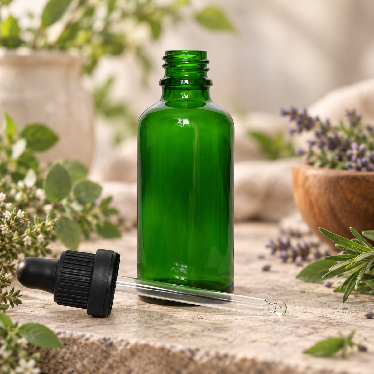 Green Glass Dropper Bottle with Tamper-Evident Pipette (50ml)