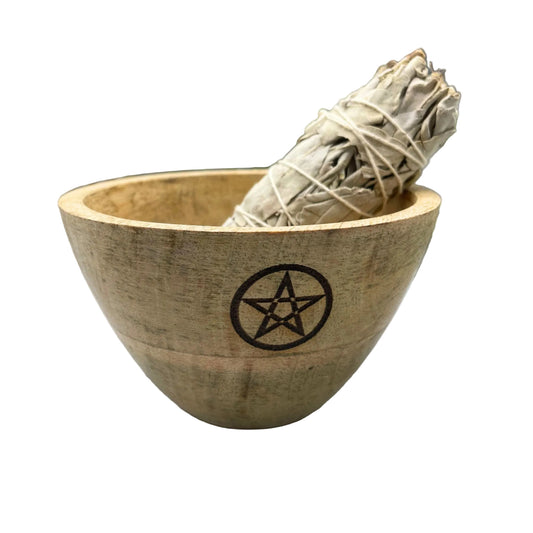 Wooden Smudge and Ritual Offerings Bowl - Pentagram - 11x7cm