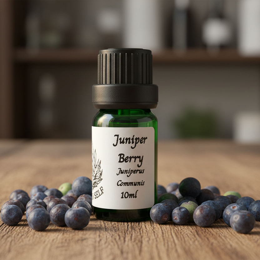 A 10ml green glass bottle labeled Juniper Berry Essential Oil with a black cap.