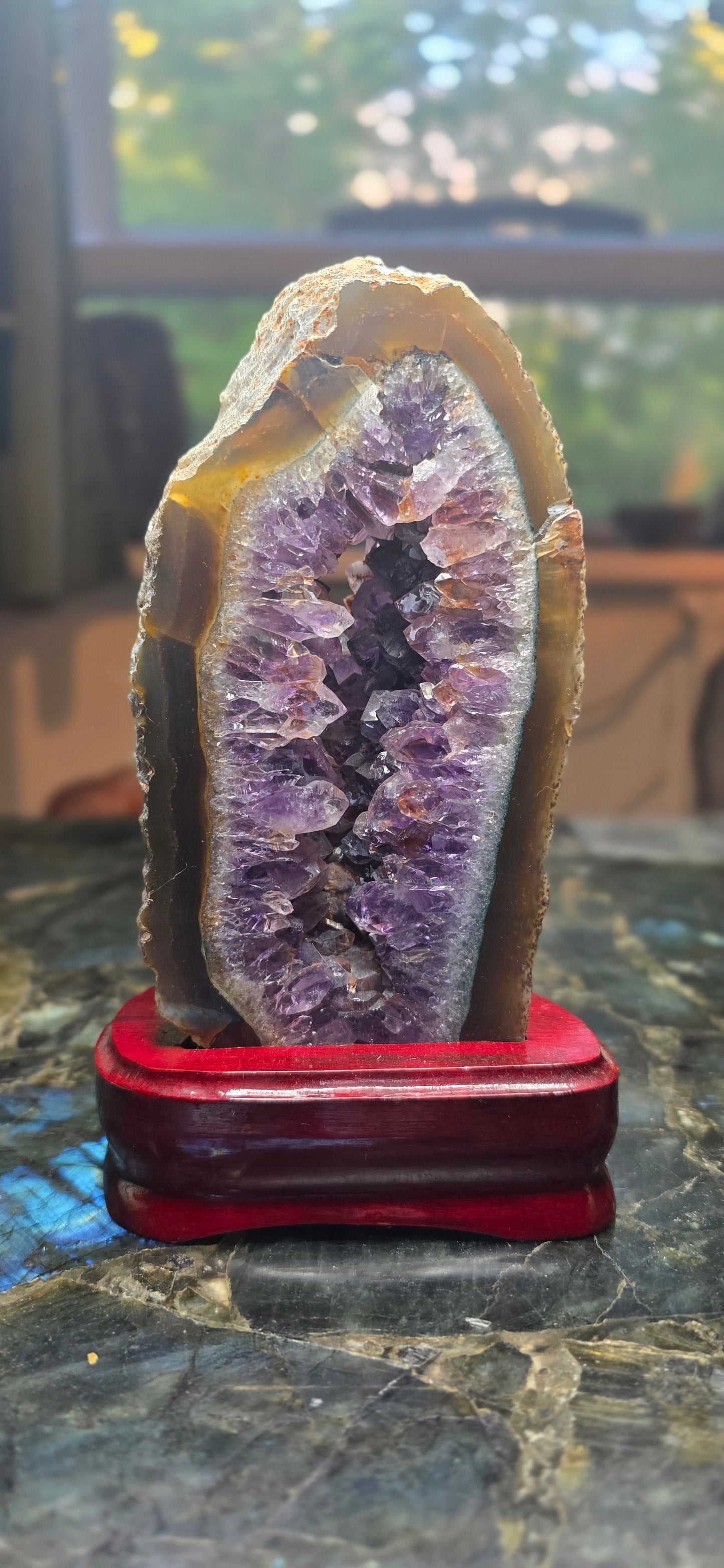 Amethyst Geode Slice on Wooden Base
